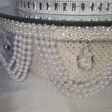 Load and play video in Gallery viewer, Pearl &amp; Crystal Wedding Cake Stand: Rhinestone Drape, Mirror Top
