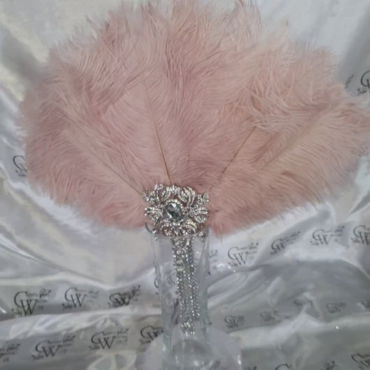Blush Ostrich Feather Fan, silver bouquet. luxury Bridal Ostrich Feather Fan, Bridal Bouquet,  Great Gatsby wedding style. Any colour