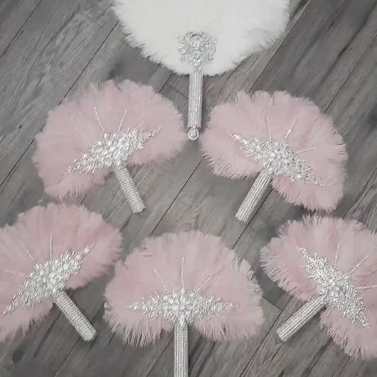 Set of  blush pink 6 Feather Fan bouquets, Ostrich feathers, wedding style 1920's - any colour as custom made by Crystal wedding uk