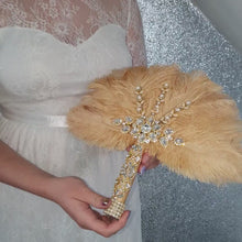 Load and play video in Gallery viewer, Feather wedding  Fan gold Ostrich feather Gatsby fan 1920&#39;s bouquet by Crystal wedding uk
