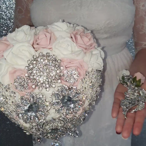 Heart shape brooch bouquet   plus  groom buttonhole artificial ,wedding flowers by Crystal wedding uk