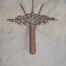 Load and play video in Gallery viewer, White feather fan , rose gold  bouquet, Great Gatsby wedding style 1920&#39;s - any colour as custom made by Crystal wedding uk
