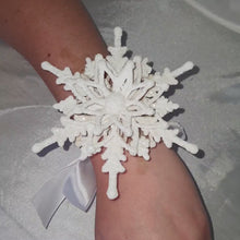 Load and play video in Gallery viewer, Snowflake wrist corsage for a Winter wedding Wrist 3D Corsage - by Crystal wedding uk

