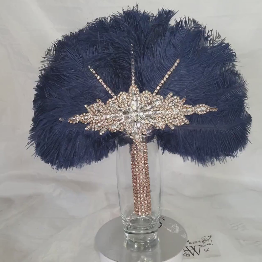 Wedding feather fan, Navy brides ostrich fan, wedding hand fan, Great Gatsby  any colour as custom made by Crystal wedding uk