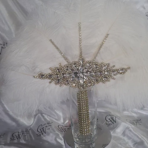 Feather fan  in natural white and gold , Ostrich feather wedding fan custom made by Crystal wedding uk