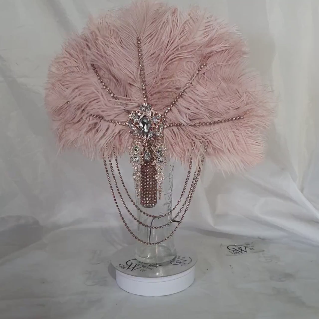 Blush feather fan bouquet cascade, pink Great Gatsby wedding style 1920's - any colour as custom made by Crystal wedding uk