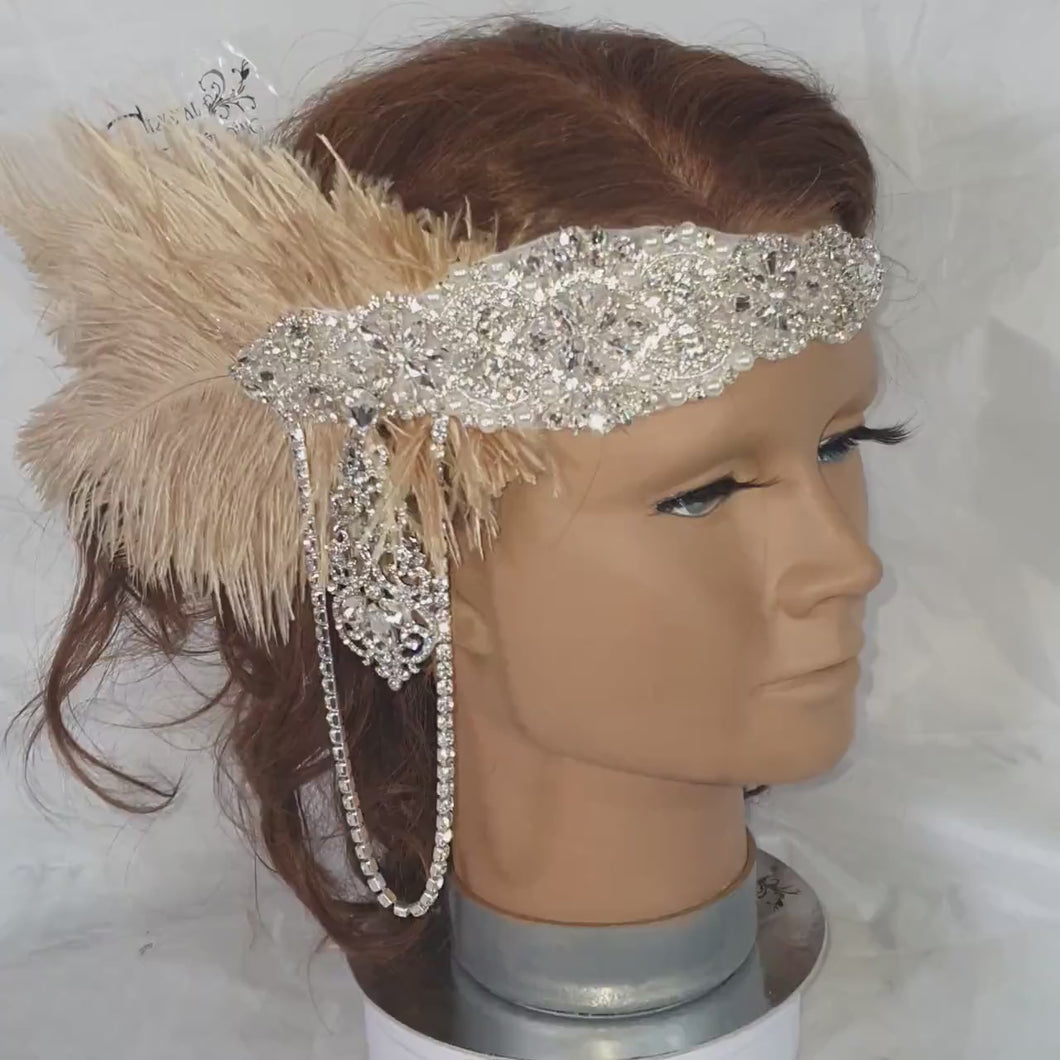 Feather hairpiece,The Great Gatsby 1920's feather rhinestone brooch.