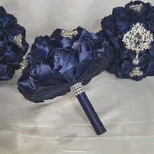 Load and play video in Gallery viewer, BROOCH BOUQUET  brooch bouquet navy fabric flower Alternative jewel wedding bouquet. - Silver, rose gold or Gold tone by Crystal wedding uk
