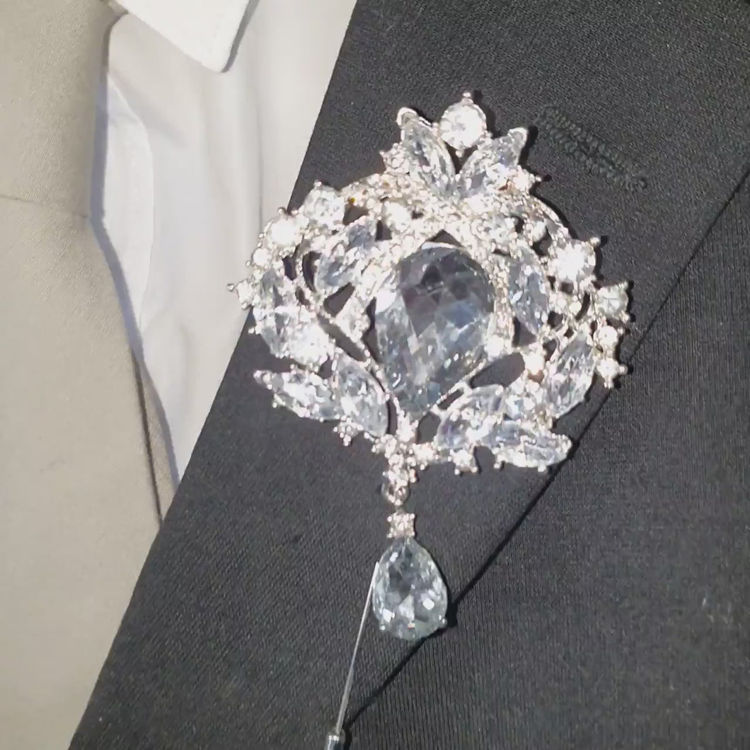 Groom Boutonniere, buttonhole. Ladies dress corsage,  Silver brooch rhinestone drop, Wedding Buttonhole Pin. by Crystal wedding uk