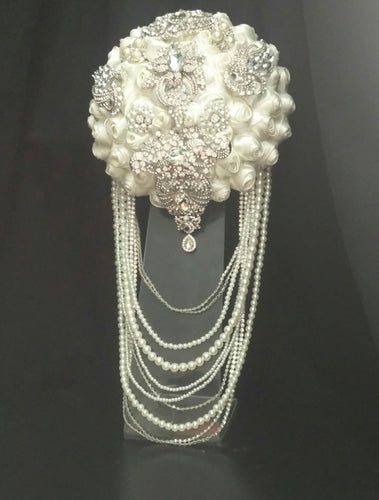 Crystal and pearl  brooch bouquet with pearl  & rhinestone drape by Crystal wedding uk