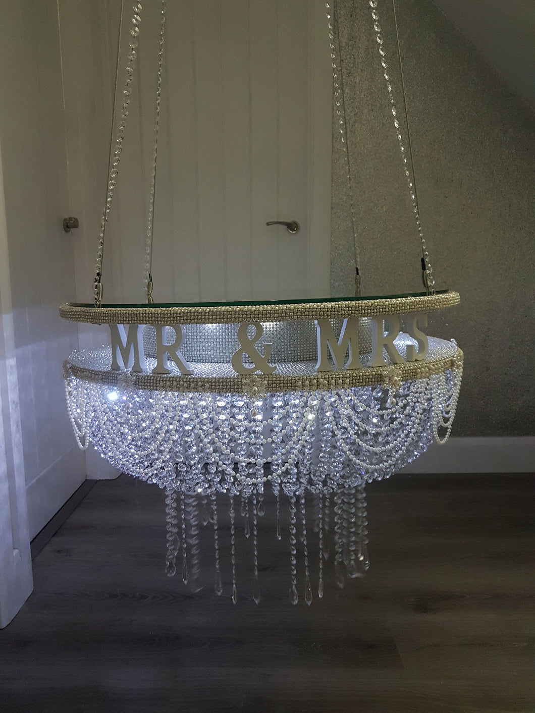 Suspended Swing cake ,Personalised, Mr & Mrs, Pearl and crystal drape stand mirror top + LED heavy duty holds 200lbs by Crystal wedding uk