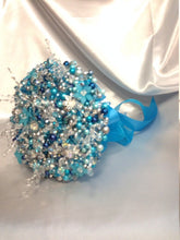 Load image into Gallery viewer, Pearl and crystal wedding bouquet  &amp;  boutonniere  flower girl wand many colours
