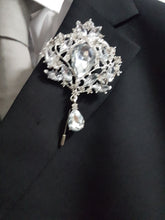 Load image into Gallery viewer, Groom Boutonniere, buttonhole. Ladies dress corsage,  Silver brooch rhinestone drop, Wedding Buttonhole Pin. by Crystal wedding uk
