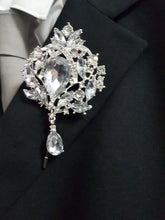 Load image into Gallery viewer, Groom Boutonniere, buttonhole. Ladies dress corsage,  Silver brooch rhinestone drop, Wedding Buttonhole Pin. by Crystal wedding uk
