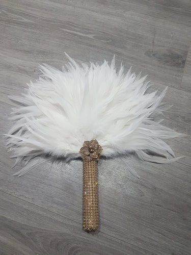 Brides Feather Fan bouquet GOLD AND WHITE, Great Gatsby wedding style -ready to ship