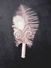 Load image into Gallery viewer, Feather buttonhole Boutonnière , Ostrich, Peacock,    Artificial  alternative  Great Gatsby wedding style -ANY COLOUR by Crystal wedding uk
