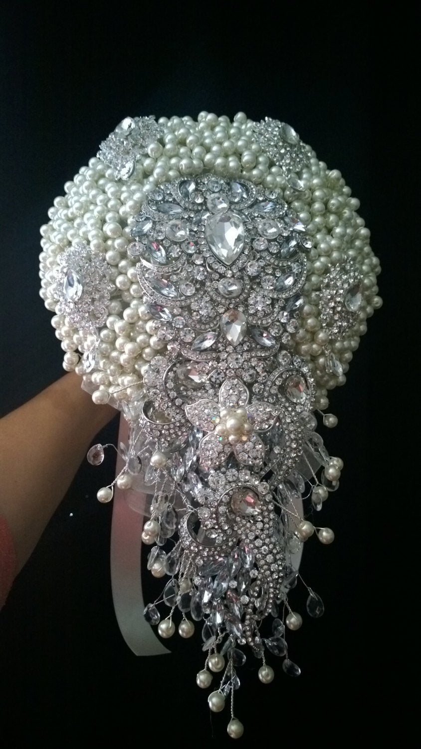 Pearl  cascade  brooch  bridal wedding bouquet 6" x 12"