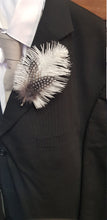 Load image into Gallery viewer, Feather buttonhole Boutonnière , Ostrich and Guinea Fowl Spotted Feathers by Crystal wedding uk
