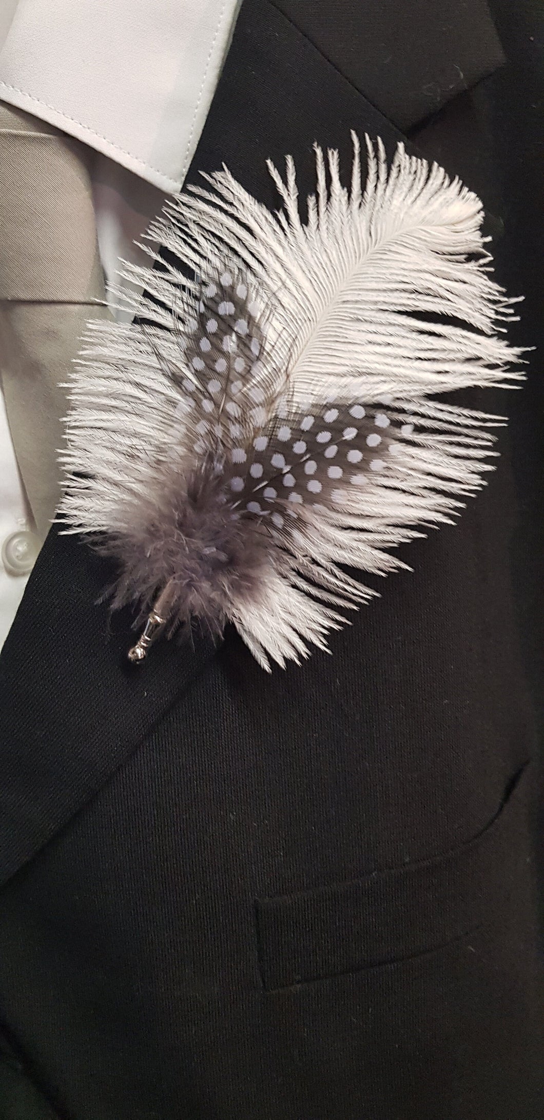Feather buttonhole Boutonnière , Ostrich and Guinea Fowl Spotted Feathers by Crystal wedding uk