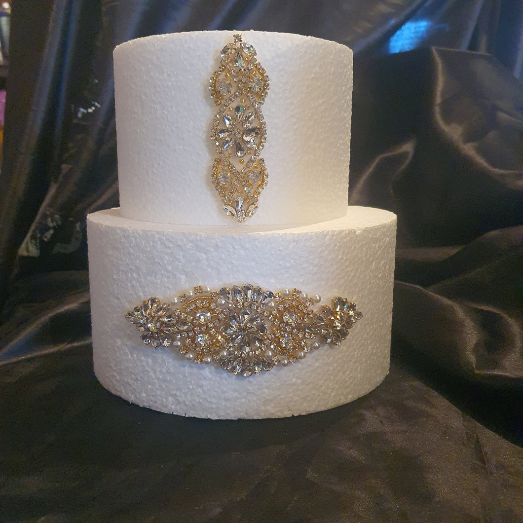 Cake brooch set of 2 gold tone, crystal rhinestone & pearl cake decoration s