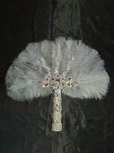 Load image into Gallery viewer, Feather Fan wedding bouquet, grey Ostrich feather bouquet or matching  boutonniere by Crystal wedding uk
