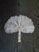 Load image into Gallery viewer, Feather Fan wedding bouquet, grey Ostrich feather bouquet or matching  boutonniere by Crystal wedding uk
