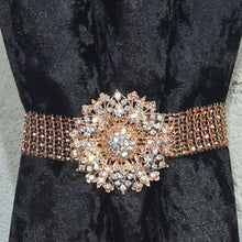 Load image into Gallery viewer, Crystal BroochTie Backs, rose gold and rhinestone Curtains hold backs, magnetic holders
