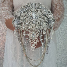 Load image into Gallery viewer, Brooch bouquet, 10&quot; Jewel crystal wedding bouquet+ grooms buttonhole Crystal  brides bouquet  cascade Jewel bouquet by Crystal wedding uk
