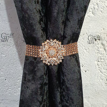 Load image into Gallery viewer, Crystal BroochTie Backs, rose gold and rhinestone Curtains hold backs, magnetic holders
