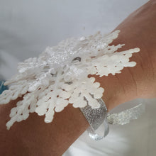 Load image into Gallery viewer, Snowflake wrist corsage for a Winter wedding Wrist Corsage - Winter Wedding  Corsage -Perfect for a Christmas Wedding or Winter Formal event

