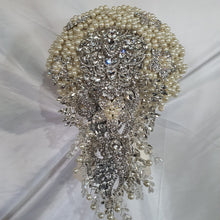 Load image into Gallery viewer, Pearl cascade teardrop  brooch  bouquet Jeweled  art deco gatsby vintage style. by Crystal wedding uk

