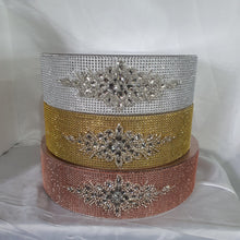 Load image into Gallery viewer, Rhinestone Crystal brooch style cake stand,  many colours by Crystal wedding uk
