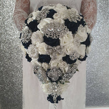 Load image into Gallery viewer, Navy brooch bouquet  with artifical foam roses by Crystal wedding uk
