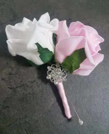 Groom Boutonniere, buttonhole. Ladies dress corsage,  Silver brooch and rose buttonhole, Wedding Buttonhole Pin.