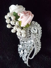 Load image into Gallery viewer, Crystal brooch  buttonhole  with Pearls &amp; Foam roses by Crystal wedding uk
