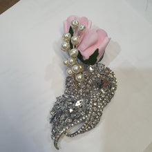 Load image into Gallery viewer, Crystal brooch  buttonhole  with Pearls &amp; pink Foam roses by Crystal wedding uk
