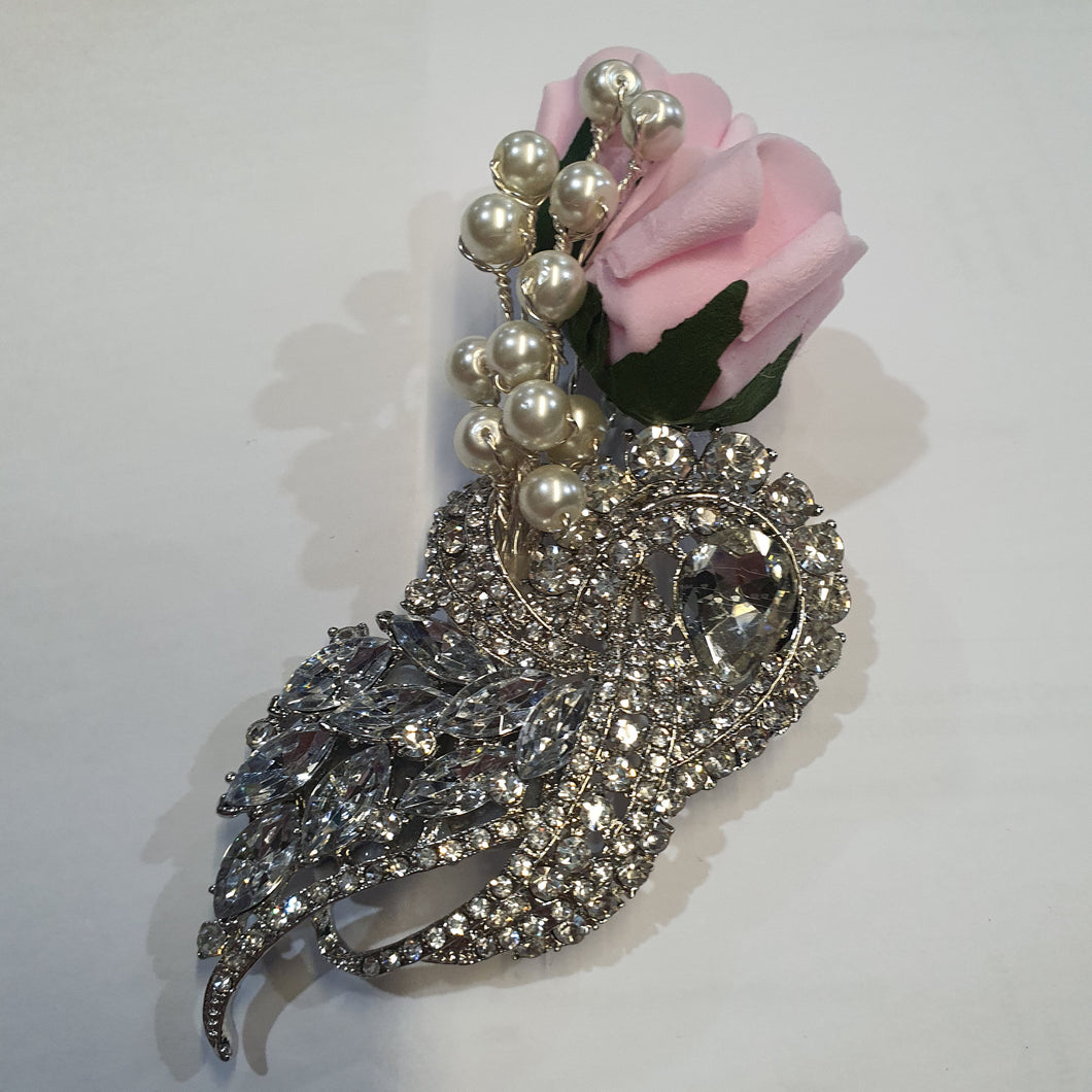 Crystal brooch wrist corsage with Pearls & Foam roses by Crystal wedding uk
