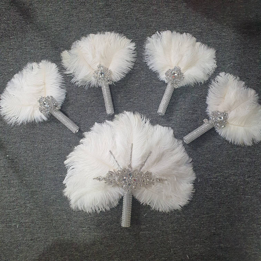 Set of 5 Feather Fan bouquets, Ostrich feathers,Great Gatsby wedding style 1920's - any colour as custom made by Crystal wedding uk