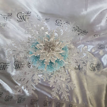 Load image into Gallery viewer, Snowflake bouquet with frozen blue accent for a Winter wedding bridesmaid by Crystal wedding uk
