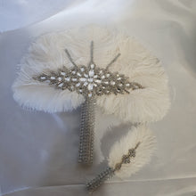 Load image into Gallery viewer, Wedding feather fan &amp; buttonhole set, brides 16&quot; ostrich fan, wedding hand fan any colour as custom made
