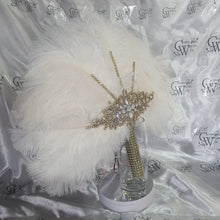 Load image into Gallery viewer, Feather fan  in natural white and gold , Ostrich feather wedding fan custom made by Crystal wedding uk
