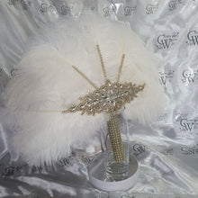 Load image into Gallery viewer, Feather fan  in natural white and gold , Ostrich feather wedding fan custom made by Crystal wedding uk
