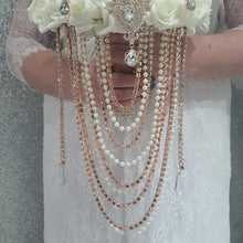 Load image into Gallery viewer, Rose gold Brooch and Pearl drape  bouquet by Crystal wedding uk
