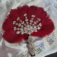 Load image into Gallery viewer, Burgundy wine feather fan bouquet, Great Gatsby wedding style 1920&#39;s - any colour as custom made by Crystal wedding uk
