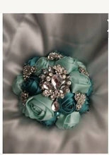 Load image into Gallery viewer, BROOCH BOUQUET  brooch bouquet navy fabric flower Alternative jewel wedding bouquet. - Silver, rose gold or Gold tone by Crystal wedding uk
