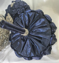 Load image into Gallery viewer, BROOCH BOUQUET  brooch bouquet navy fabric flower Alternative jewel wedding bouquet. - Silver, rose gold or Gold tone by Crystal wedding uk
