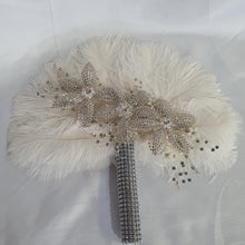 Load image into Gallery viewer, Feather fan bouquet, crystal flowers, BRIDES HAND FAN - any colour as custom made by Crystal wedding uk
