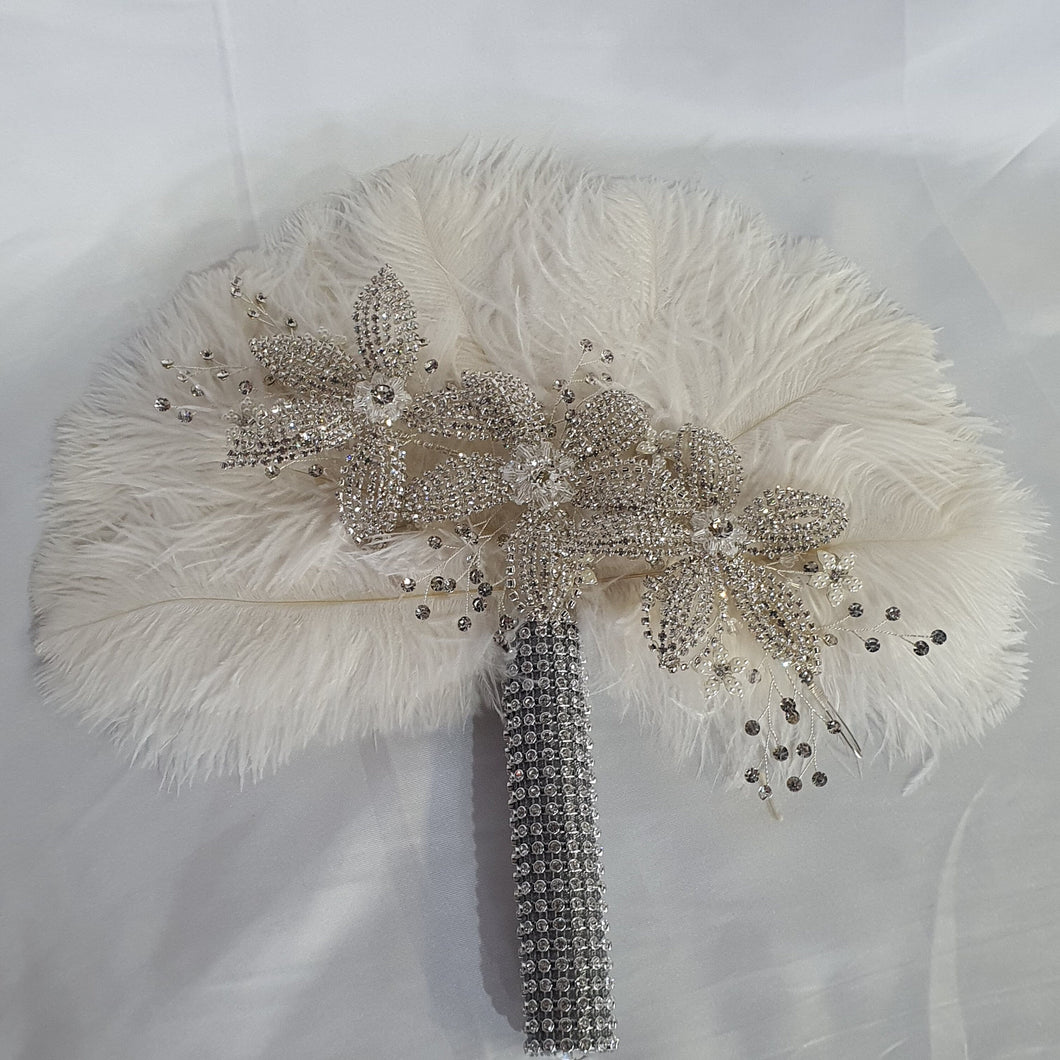 Feather fan bouquet, crystal flowers, BRIDES HAND FAN - any colour as custom made by Crystal wedding uk