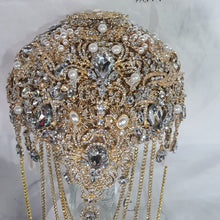 Load image into Gallery viewer, Gold Brooch bouquet, Jewel crystal wedding bouquet. Crystal Bridal Brooch Bouquet, cascade Jewel bouquet by Crystal wedding uk
