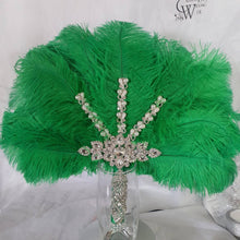 Load image into Gallery viewer, Wedding feather fan,  Green feather brides ostrich fan, wedding hand fan, Great Gatsby  any colour as custom made by Crystal wedding uk
